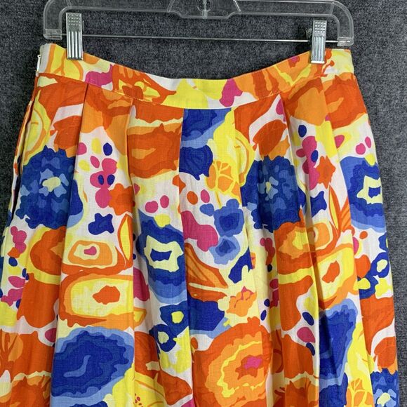 Liz Claiborne Pleated Bright Floral Skirt 100% Linen Pockets Cotton Lined Sz 10 - Picture 7 of 9